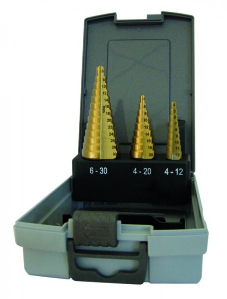 Satz HSS/TIN-Präz.-Mehrstufenbohrer, 4 - 30 mm 2 mm stgd., in Kunstoffkassette