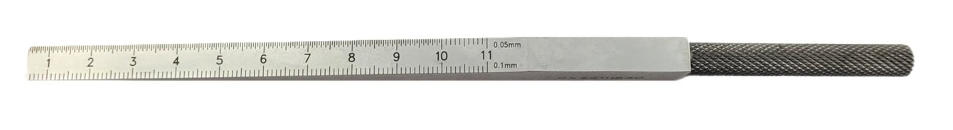 Messkeil aus Stahl, 120 x 80mm, im Etui, mattverchromt, 0,5 - 11 mm  Messbereich, oben 0,05 mm, unten 0,1 mm Ablesung