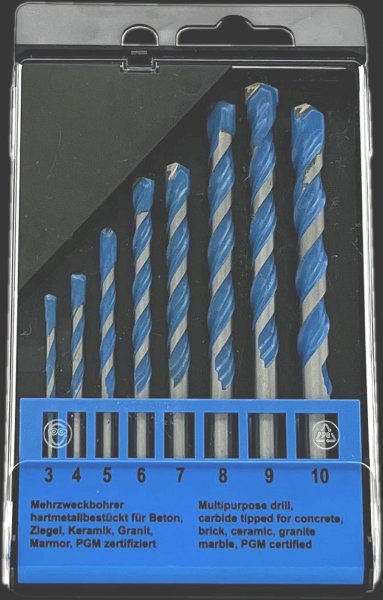 Satz HM-bestückter Mehrzweck-Bohrer in Kunststoffkassette, 8-tlg., 3,0 - 10,0 mm Ø