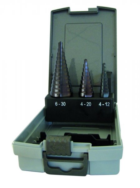 Satz HSS-TIALN-Präz.-Mehrstufenbohrer, 4 - 30 mm 2 mm stgd., in Kunststoffkassette